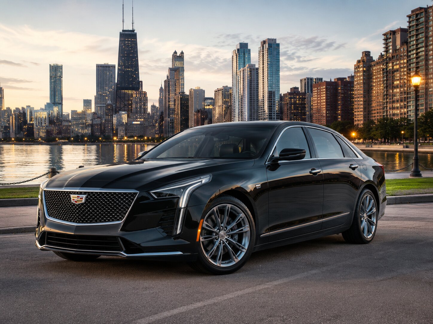 On Time Limo Black Luxury Sedan Chicago Skyline