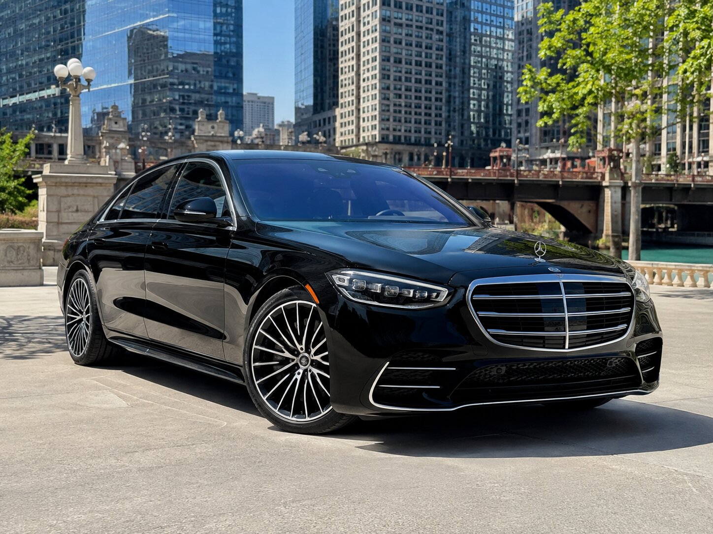 Luxury sedan at the Chicago Riverwalk — On Time Limo
