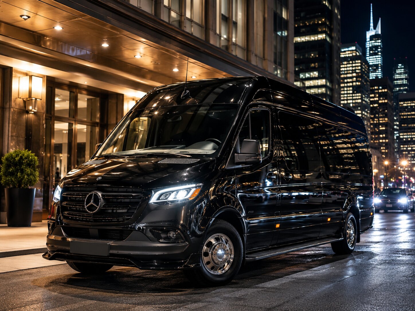 Sprinter van at a Chicago hotel at night — On Time Limo