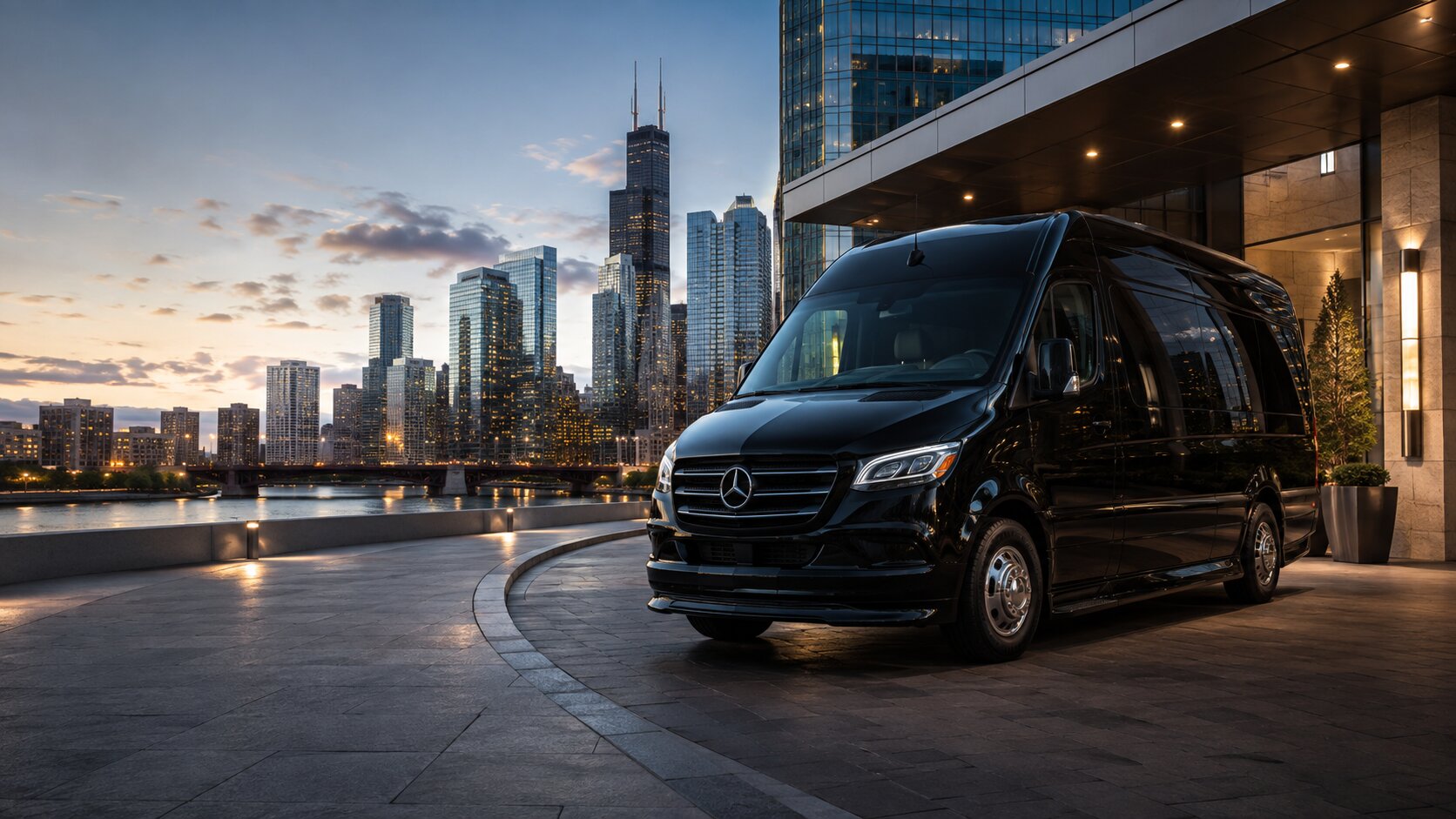 Mercedes Sprinter van at the Chicago waterfront at dusk — On Time Limo