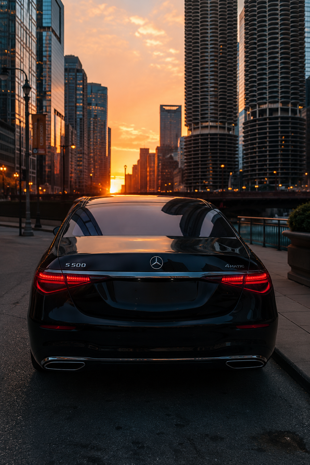 Black luxury car on an open road at golden hour for On Time Limo chauffeured travel