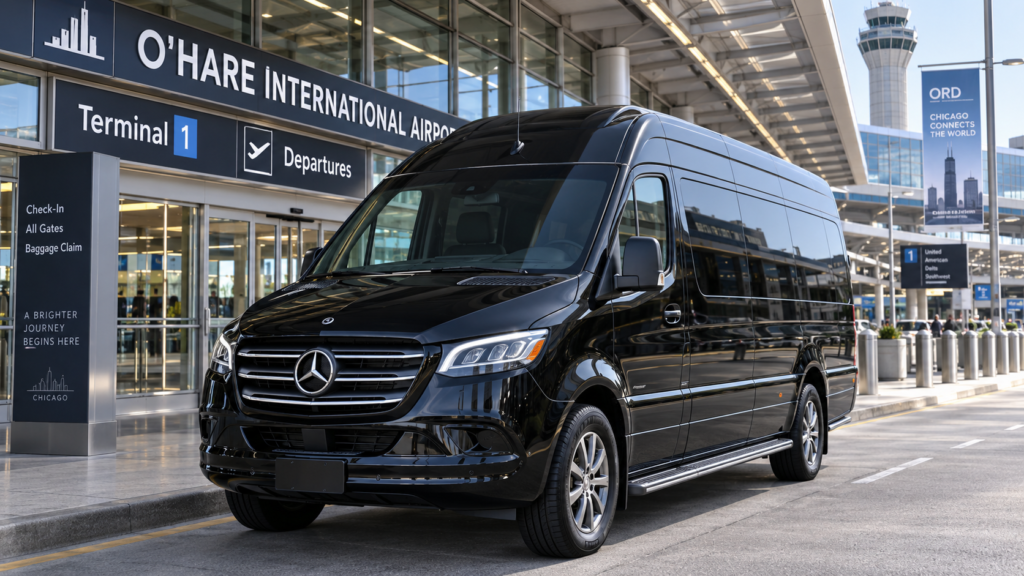 mercedes sprinter parked in front of ohare airport Group luggage ready for the Sprinter van