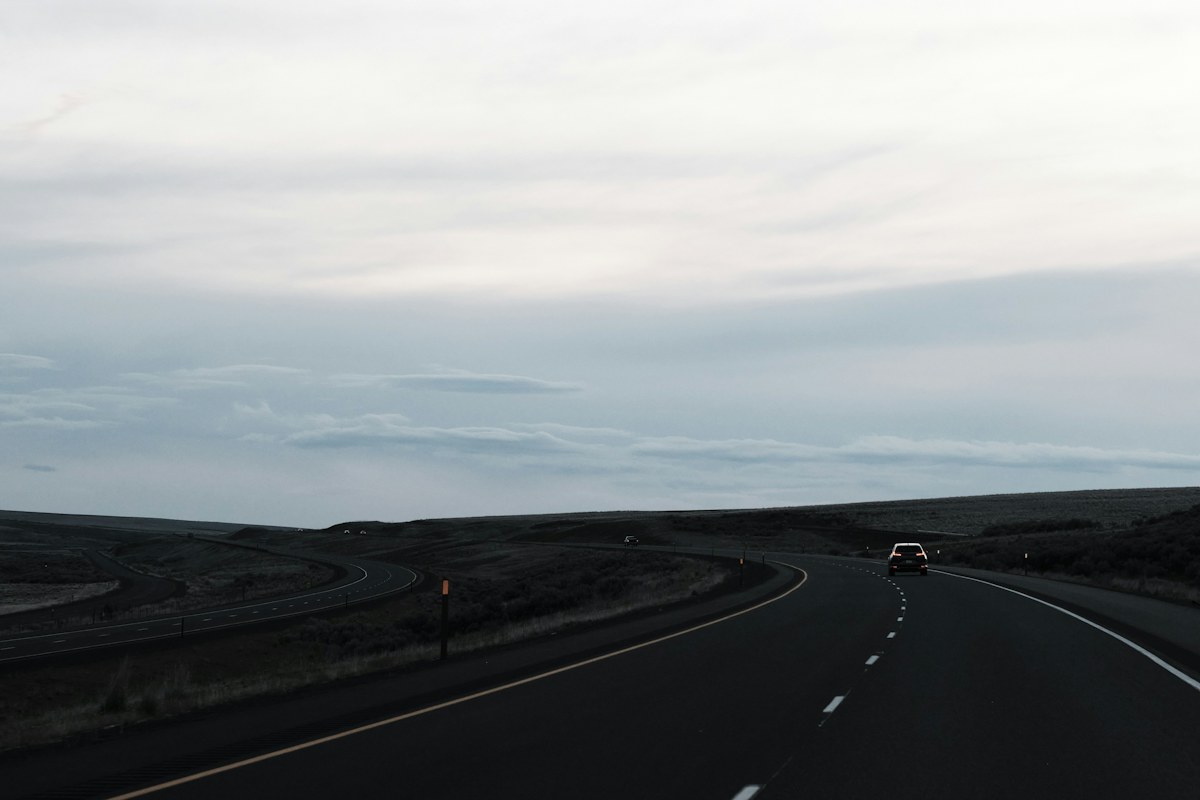 Car on an interstate highway on the drive from Milwaukee to O’Hare